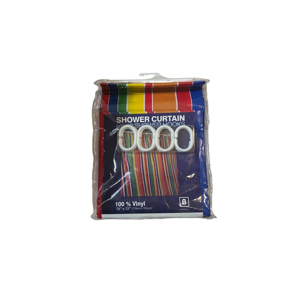 Broder Mfg Inc‎ Rainbow Striped Shower Curtain Set with 12 Hooks New Vinyl Retro